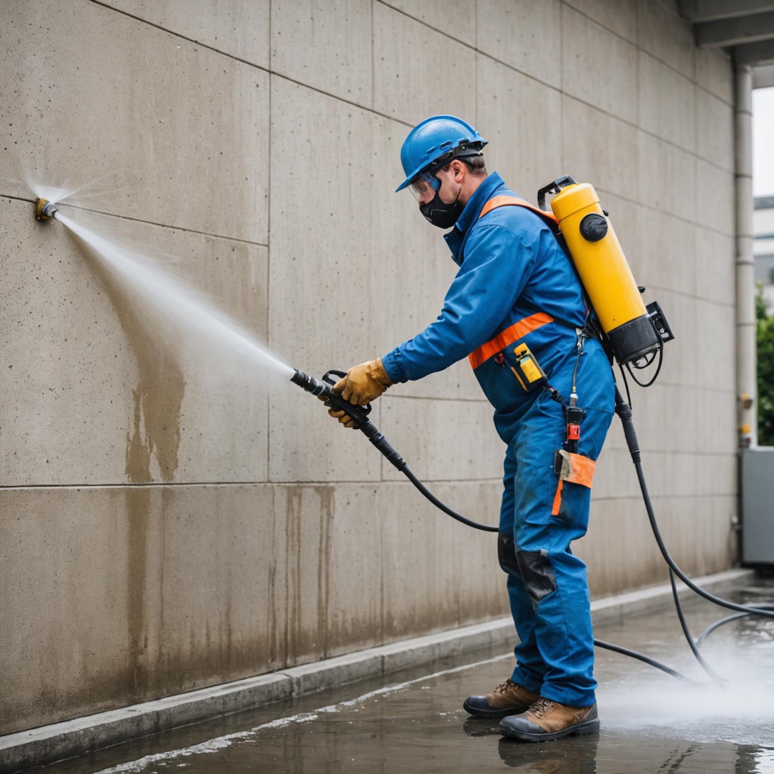 Commercial exterior being cleaned with high-pressure washing equipment