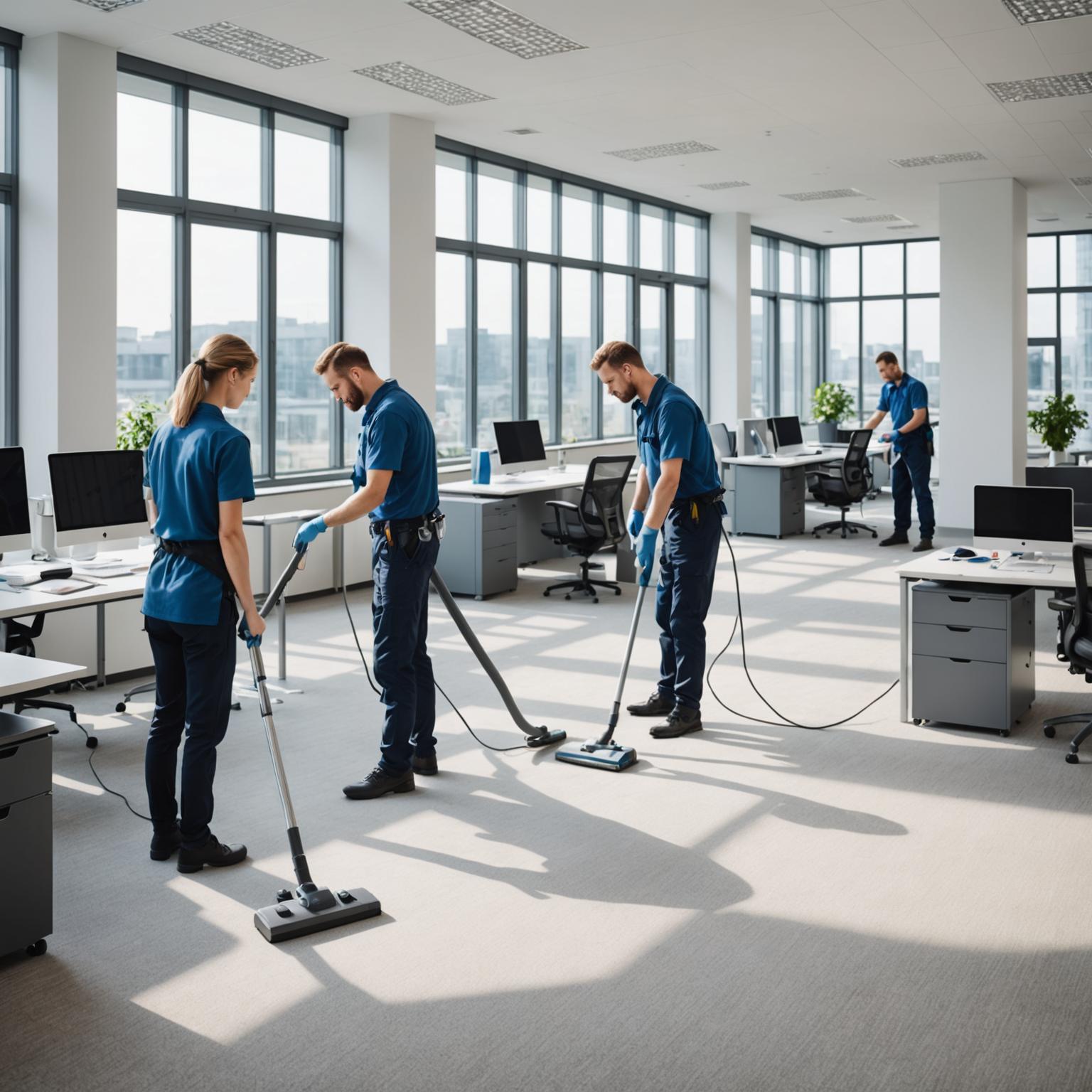 Professional commercial cleaning team at work in a modern office building